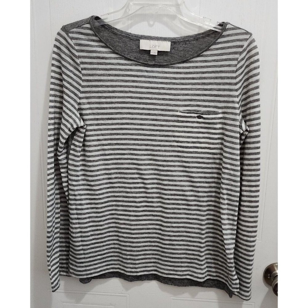 Ann‎ Taylor Loft Women's Long Roll Tab Sleeve Knit Top Gray Striped Wool Blend M